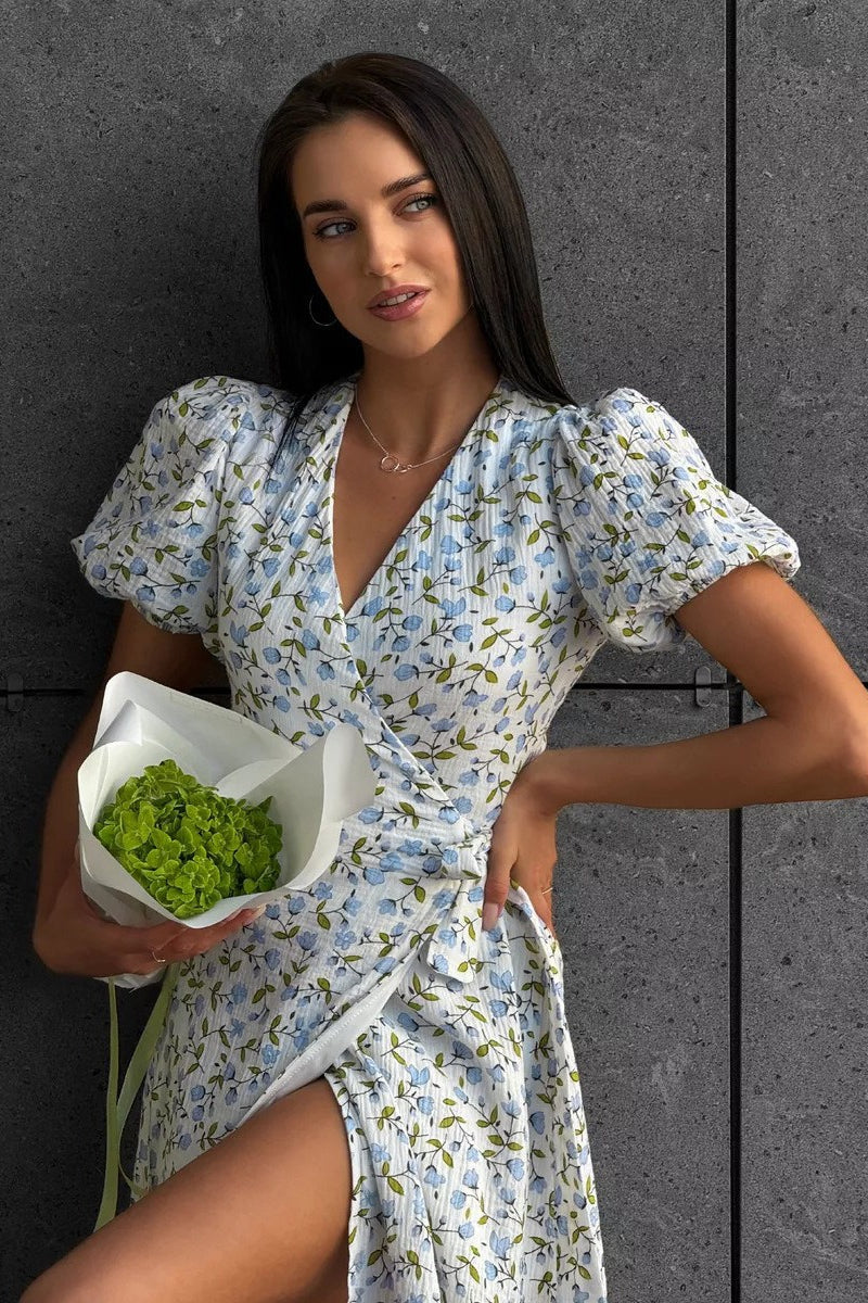Floral V-Neck Puff Sleeve Wrap A-Line Midi Dress 4