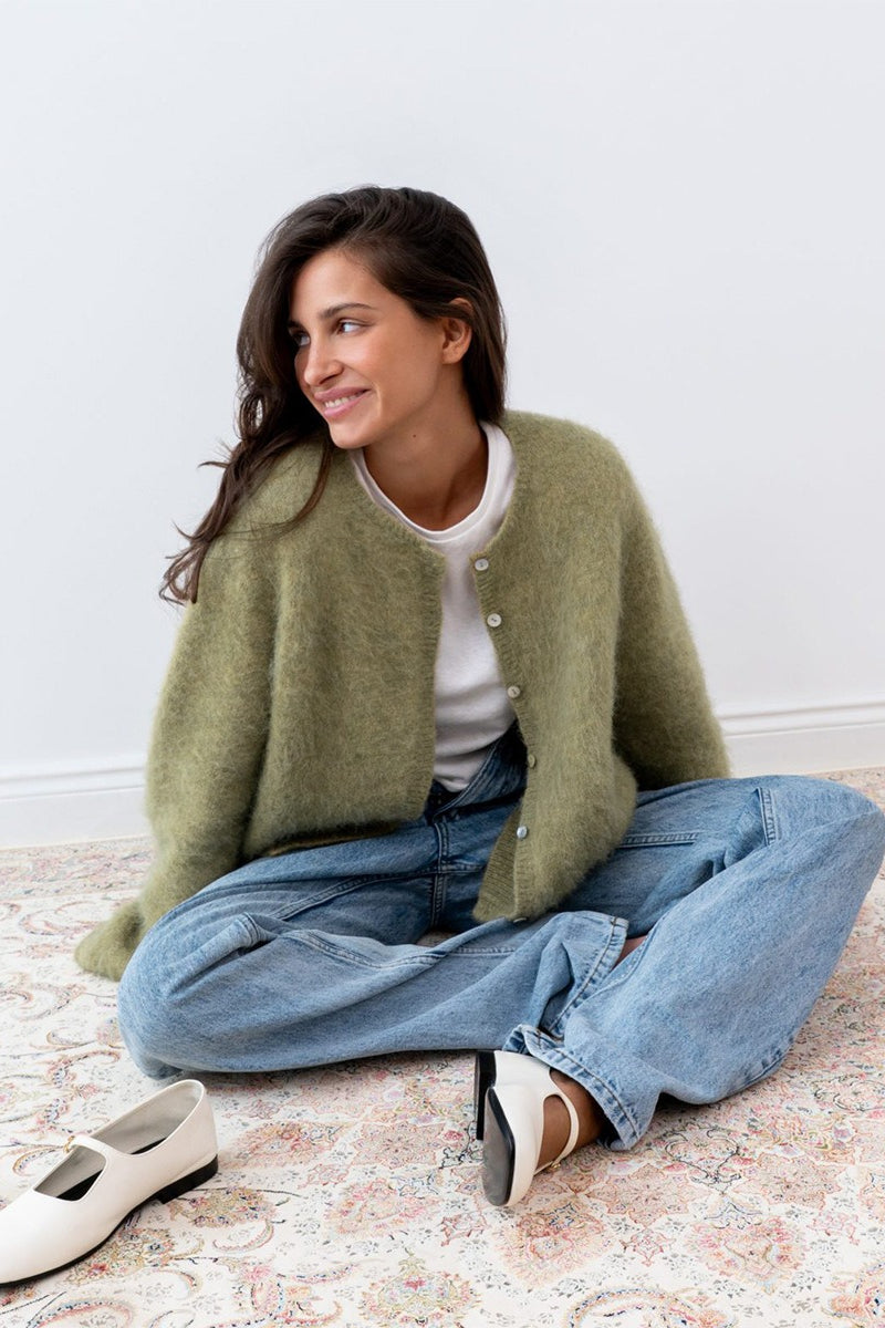 Fuzzy Round Neck Cardigan Knit Top