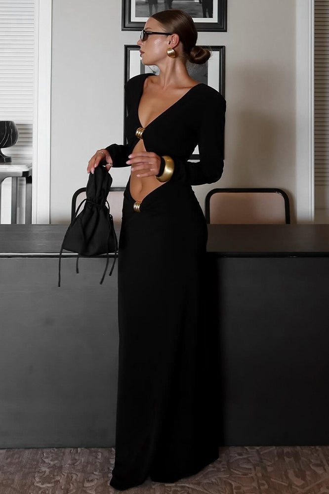 Deep V-Neck Long Sleeve Cut Out Bodycon Maxi Dress