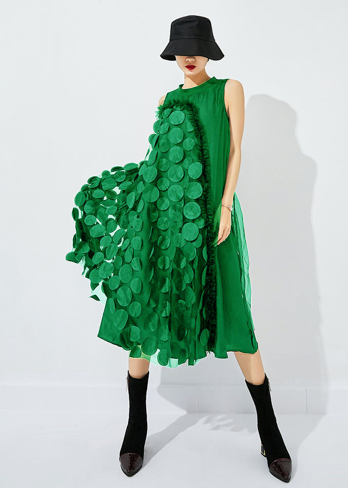 3D Circle Appliqué Asymmetric Drape High Neck Mesh Midi Dress - View 5
