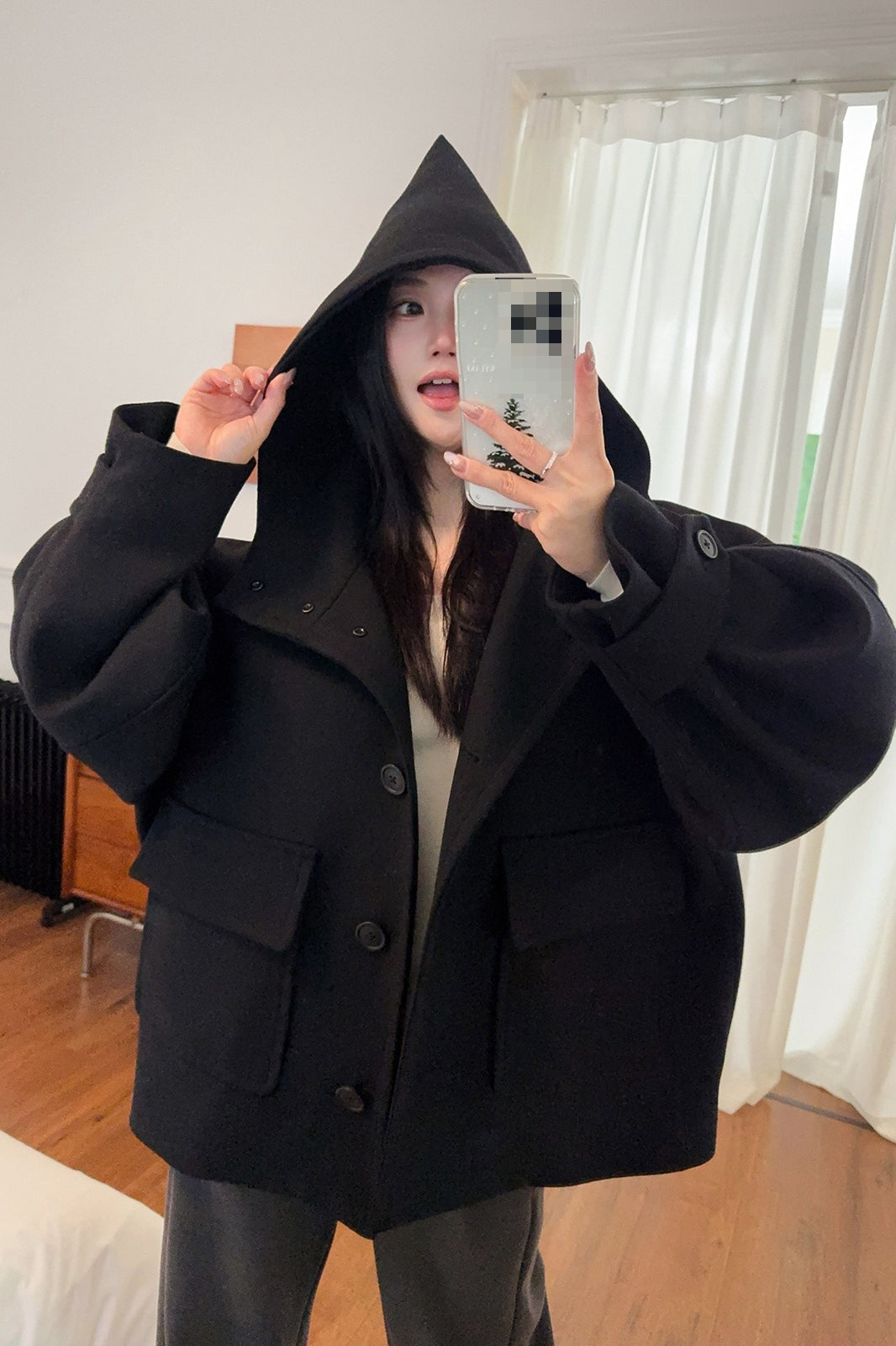 Solid Pointed Hood Button Chic Coat