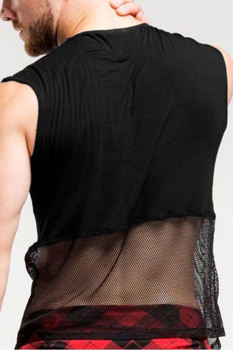 Men's Sleeveless Round Neckline Patchwork Hollow Out See-Through T-Shirt Top
