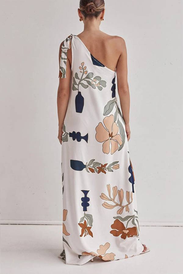 Matches The Vacation Unique Print One Shoulder Tie-up Pocketed Loose Maxi Dress - Fashionpara