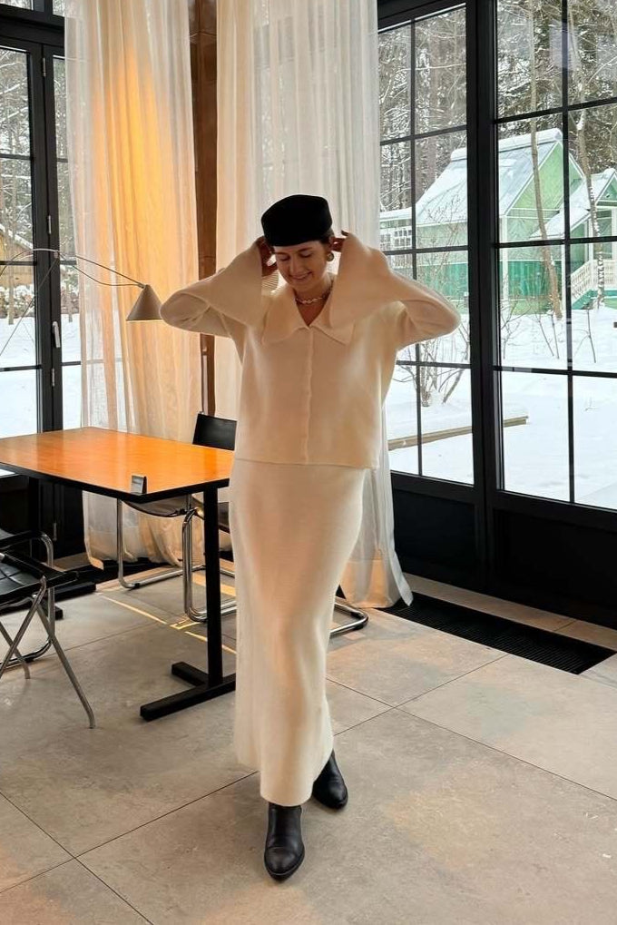 Elegant Pink Bell-Sleeve Cardigan and Straight Skirt Set