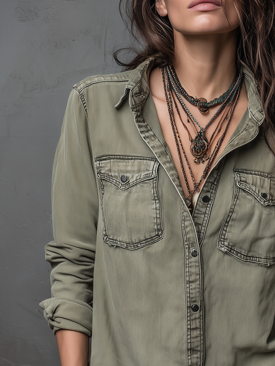 Vintage Pockets Long Sleeve Washed Blouse - Fashionpara