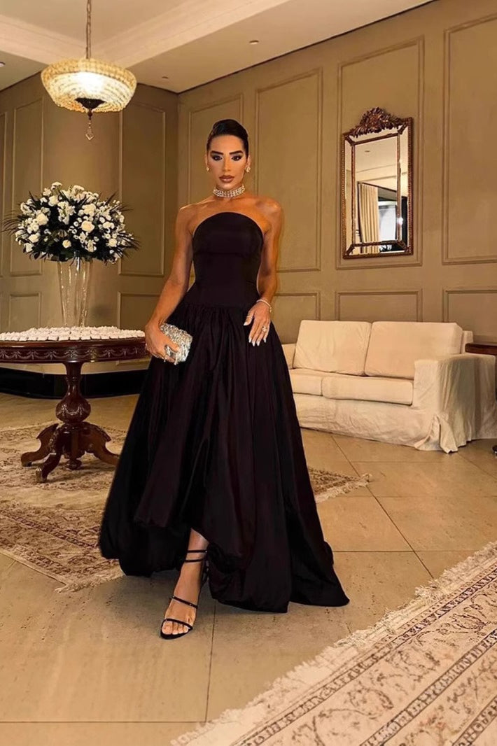 Satin Strapless Drop Waist High Low A-Line Maxi Dress