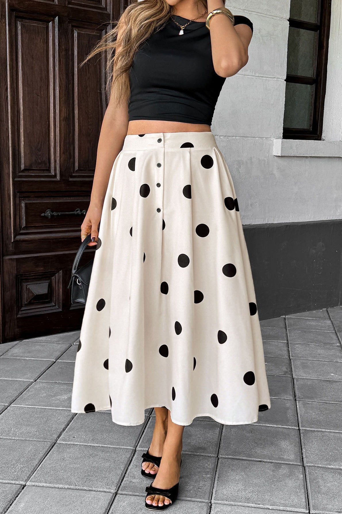 Polka Dot Elastic Waist Skirt - Fashionpara