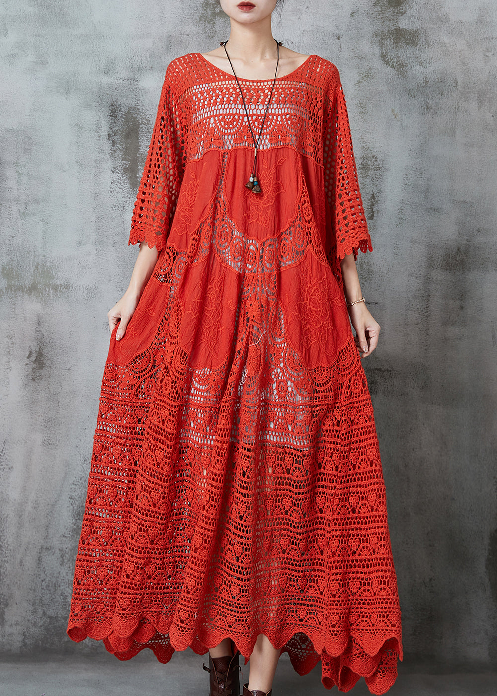 Crochet Lace Embroidered Floral Three Quarter Maxi Dress - View 2