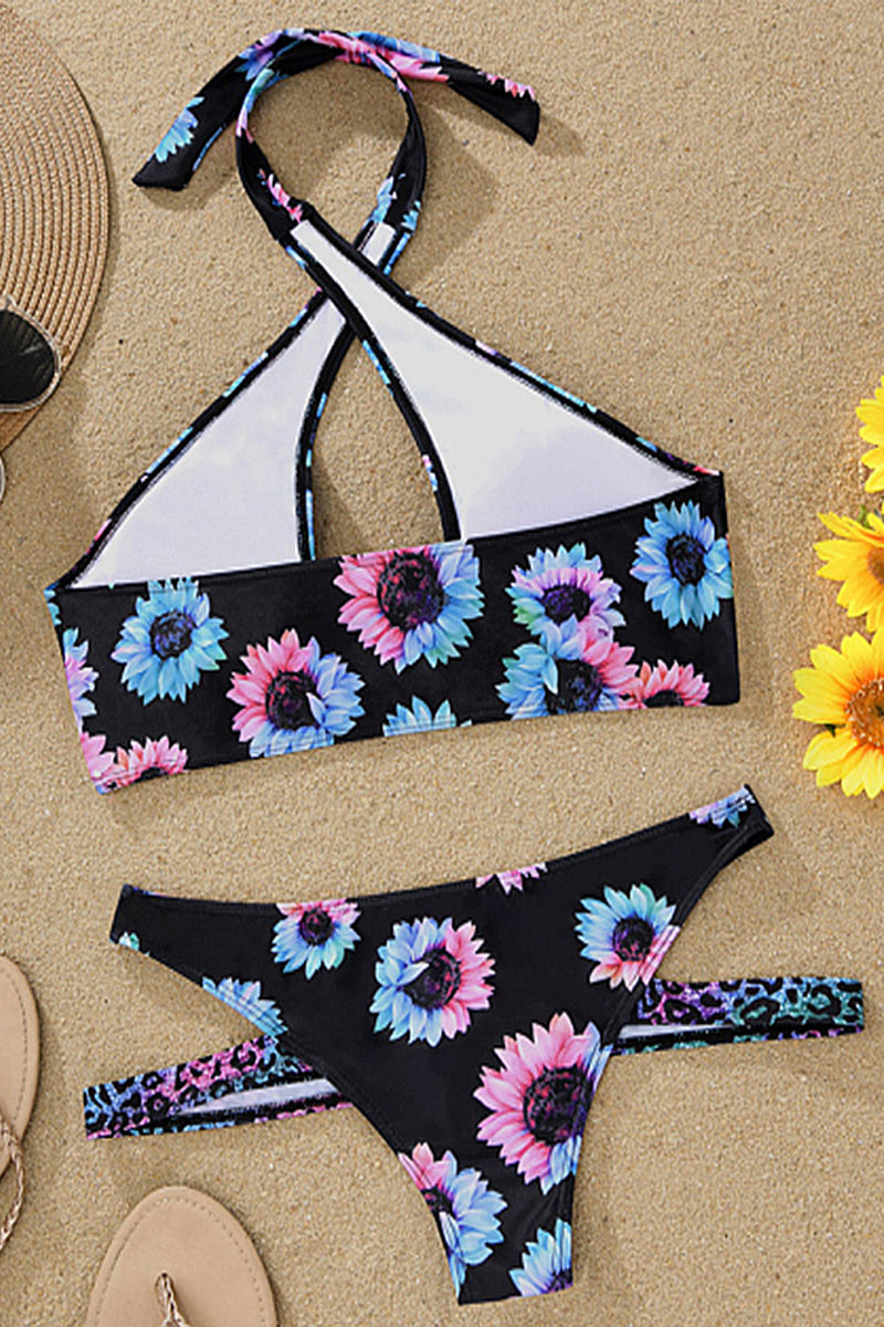 Leopard Sunflower Hollow Out Halter Two Piece Swimsuit - Fashionpara