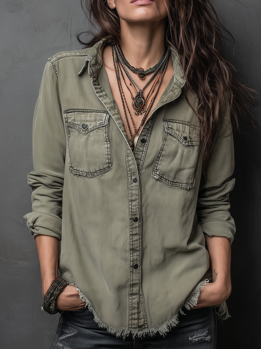 Vintage Pockets Long Sleeve Washed Blouse - Fashionpara