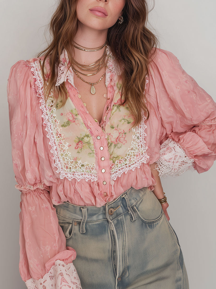 Retro Lace Trim Printed Chiffon Long Sleeve Blouse - Fashionpara