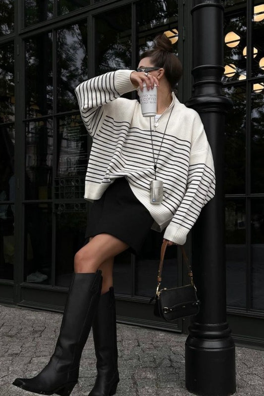 PrincessAce Striped Zip-Front Polo Knit Sweater for Style