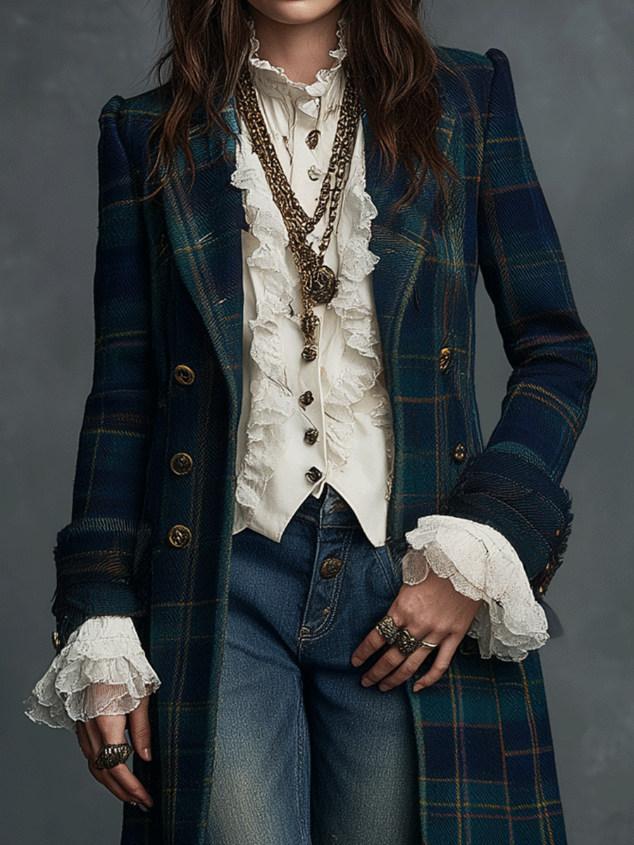 Vintage Navy Tartan Long Military Vintage Gold Buttons Coat - Fashionpara