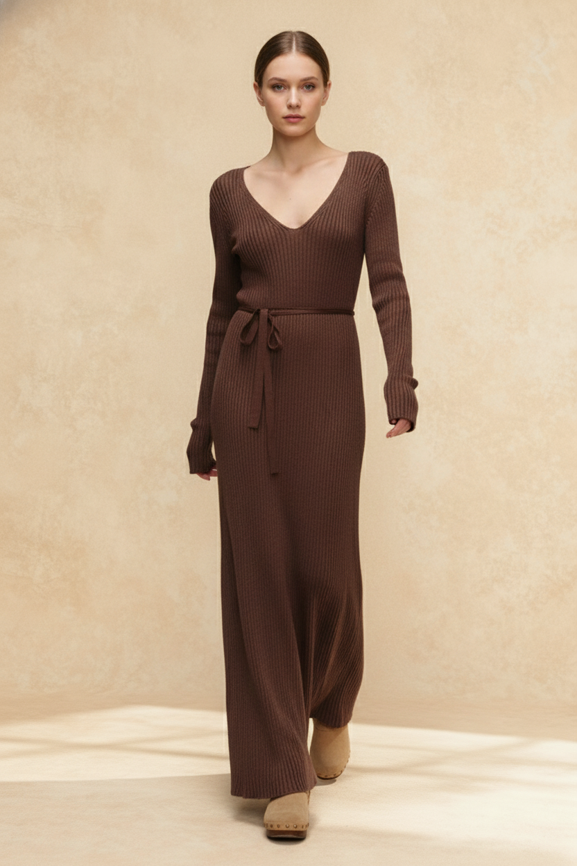 V-Neck Long Sleeve Knit Sweater Dress