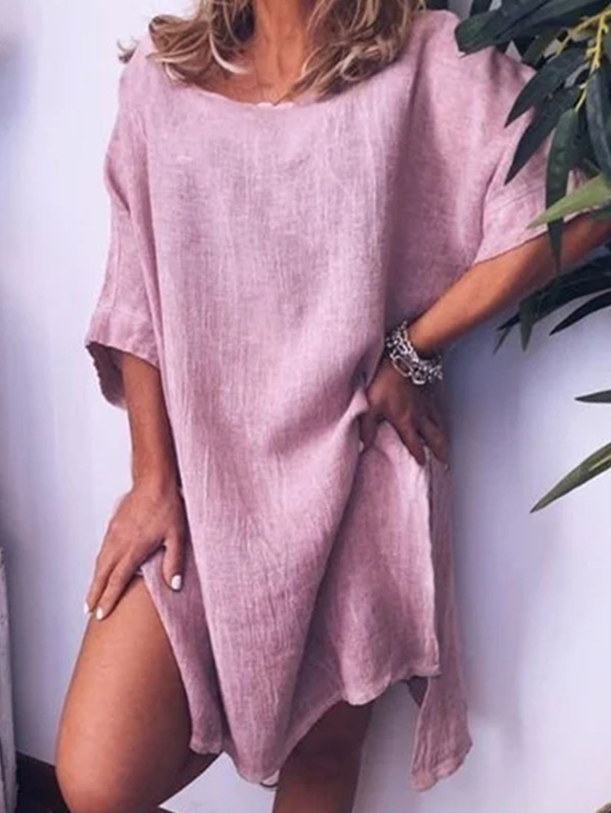 Linen Look Drop Shoulder Round Neck Pocket Relaxed Shift Mini Dress - View 7