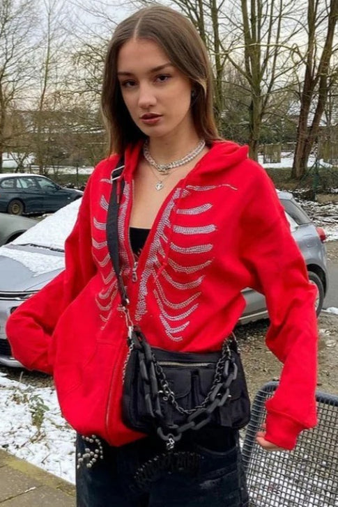 Street Style Rhinestone Skull Hoodie