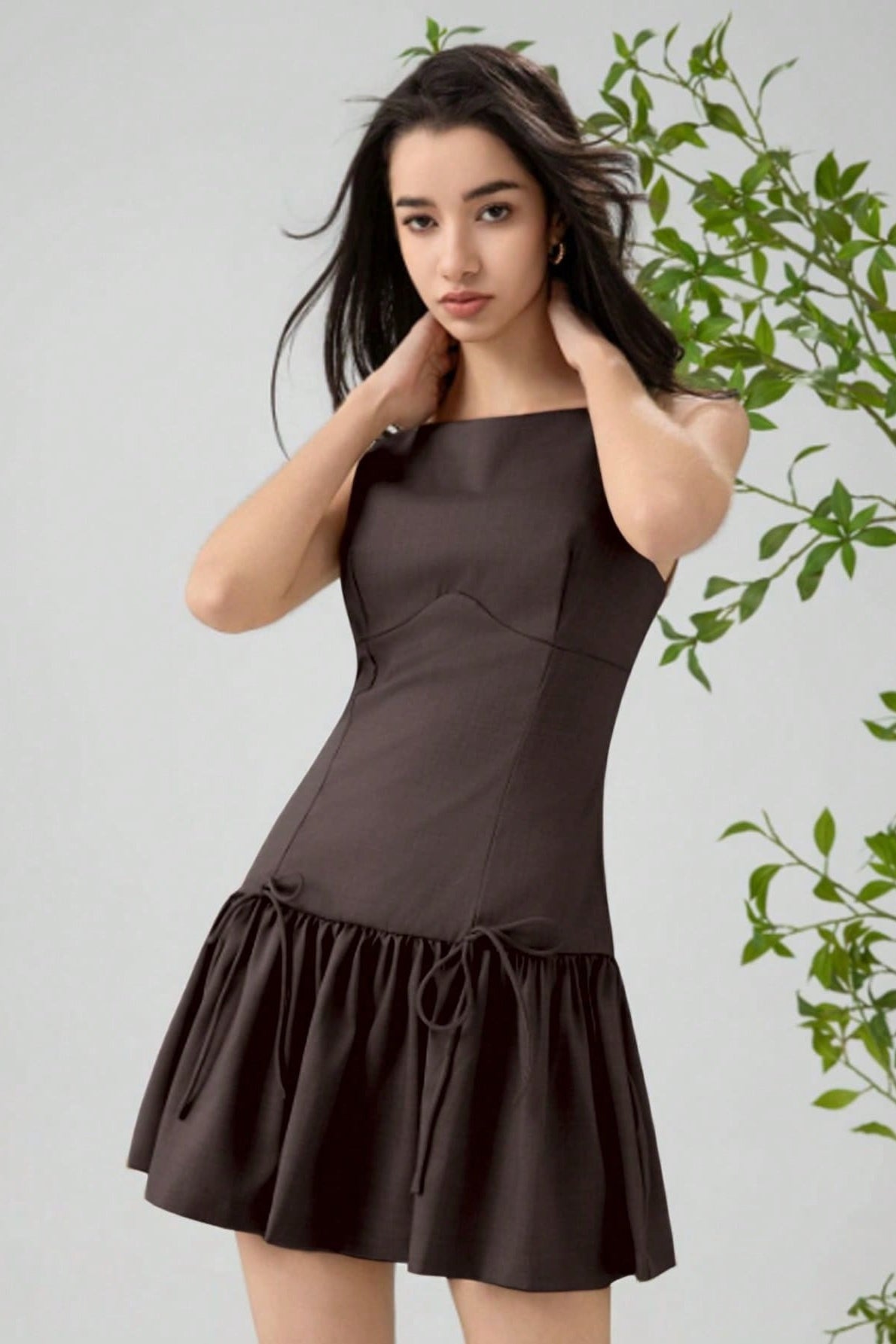 Solid Color Bow Sleeveless Mini Dress