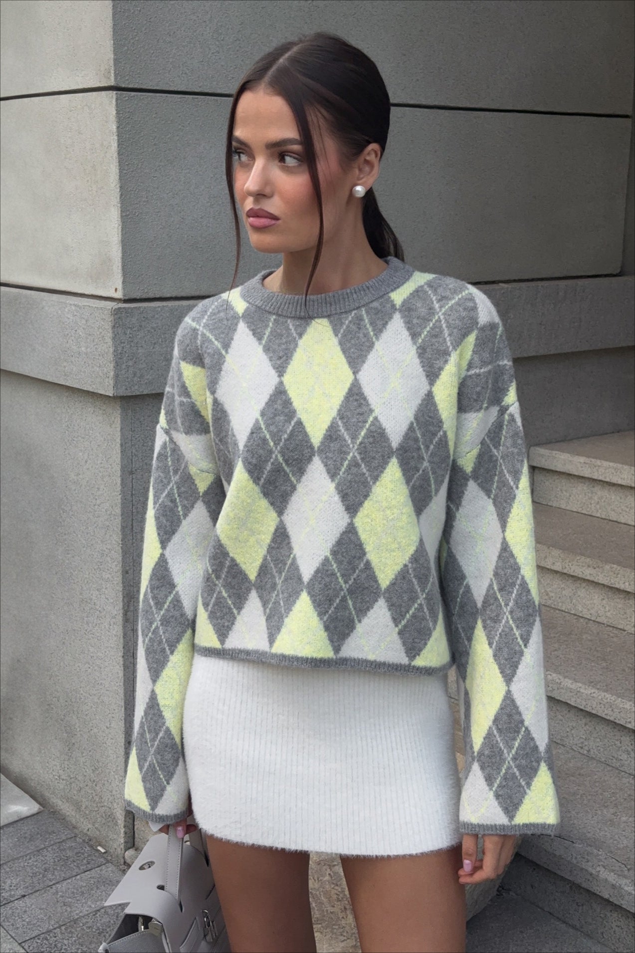 PrincessAce Argyle Knit Green Color Block Crewneck Sweater