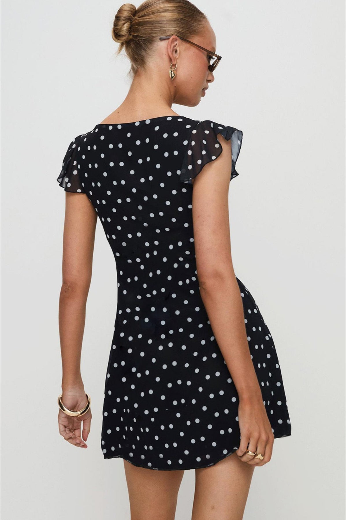 Polka Dot Mesh A-Line Mini Dress in Black - View 3