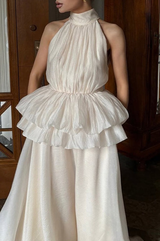 Crinkle Organza Halter Neck Peplum Waist Maxi Dress 3