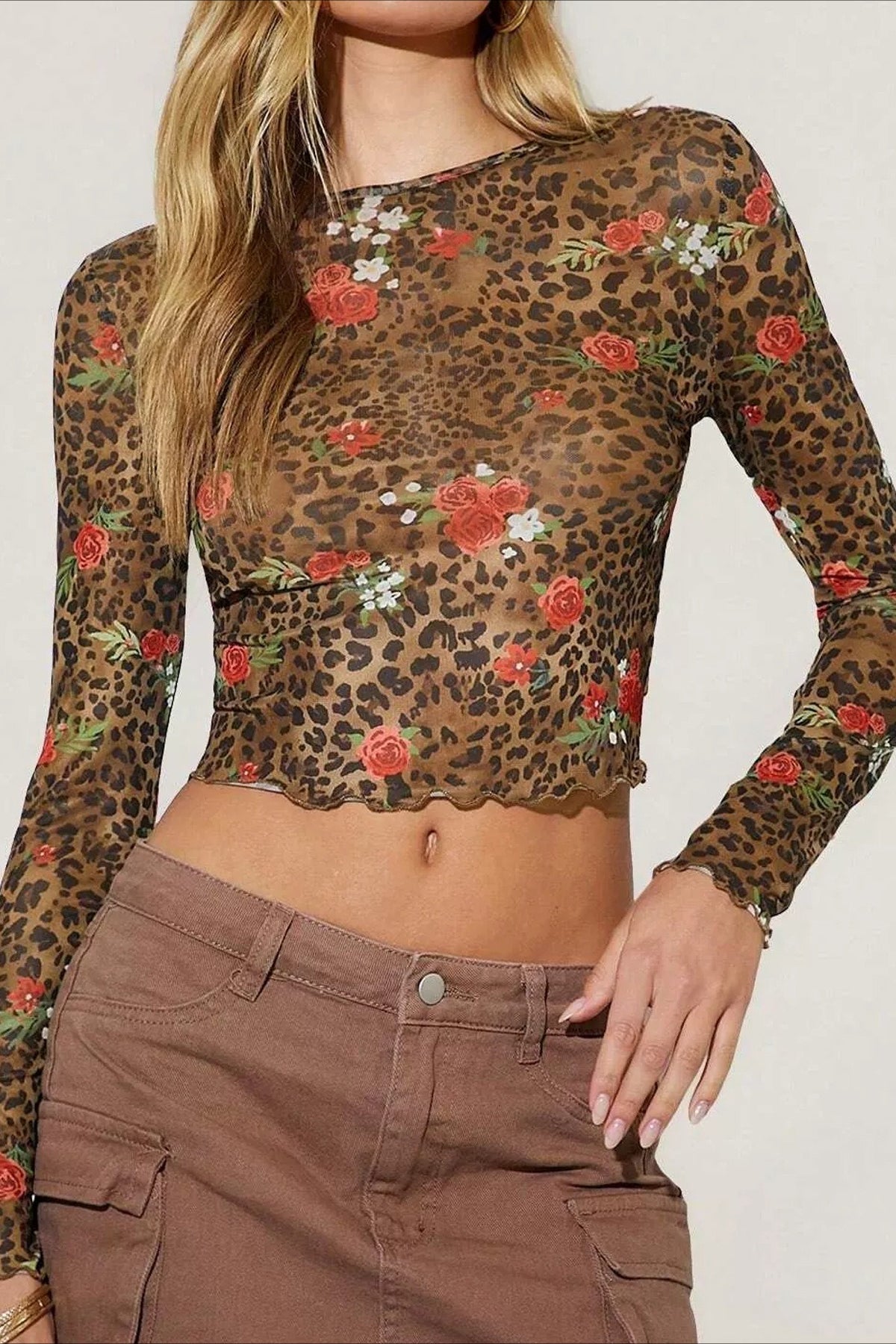 Leopard Floral Mesh Long Sleeve Crop Top