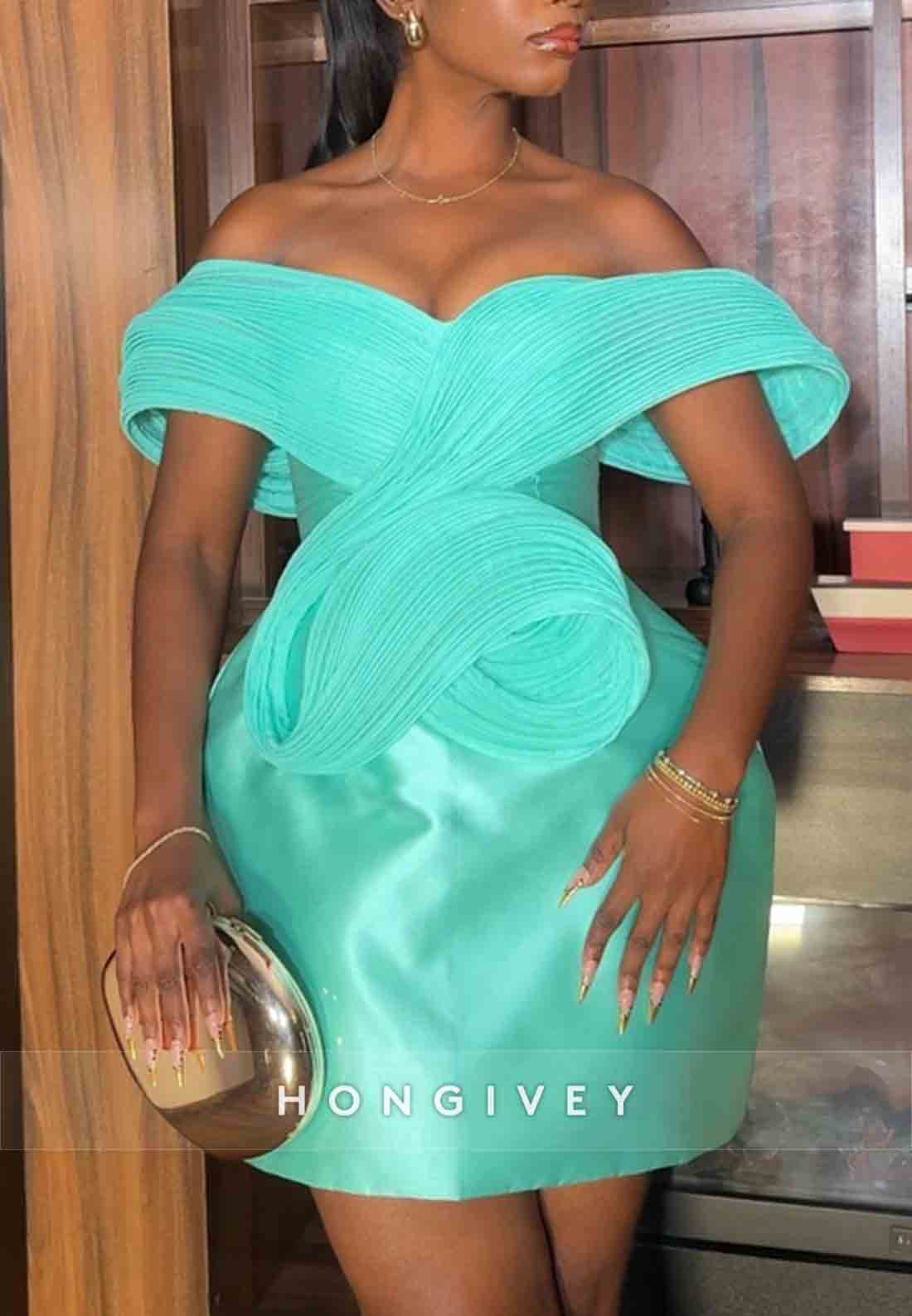 Off the Shoulder Pleated Satin Turquoise Short Homecoming Dresses