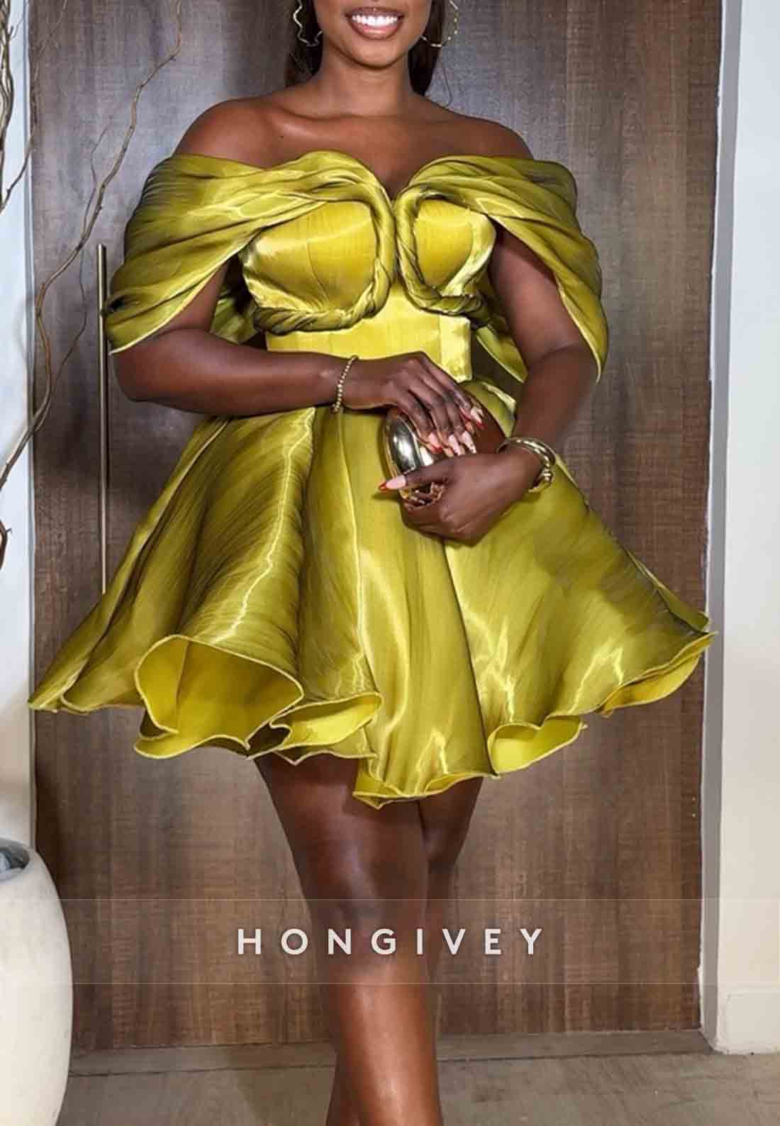 Off the Shoulder Pleated Satin Ball Gown Short Homecoming Dresses