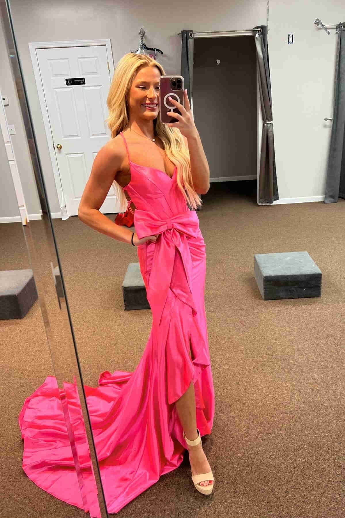 Lovely Pink Mermaid Lace Up Long Satin Prom Dress with Bowknot and Slit