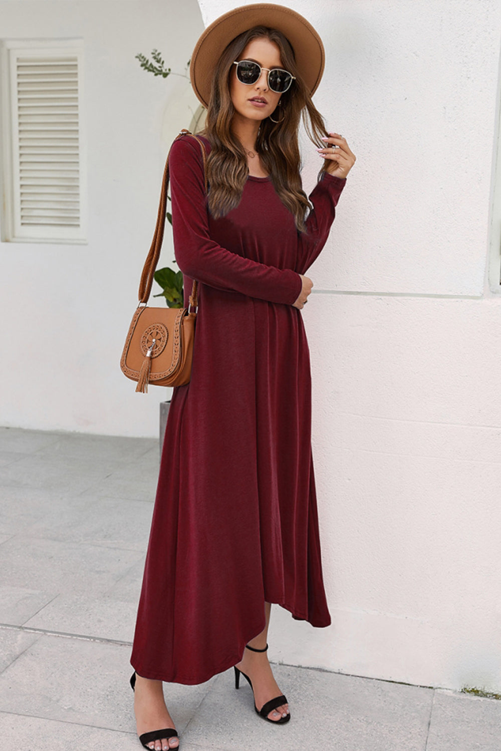 Solid Color Big Swing Skirt Long Sleeve Dress - Fashionpara