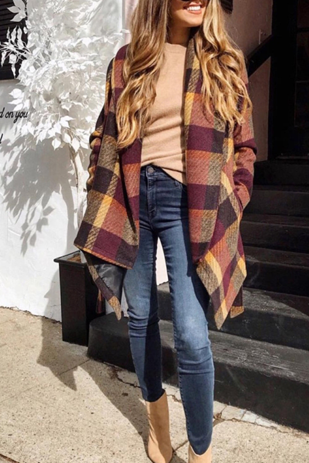 Elegant RadyRin Tweed Plaid Coat for Timeless Style