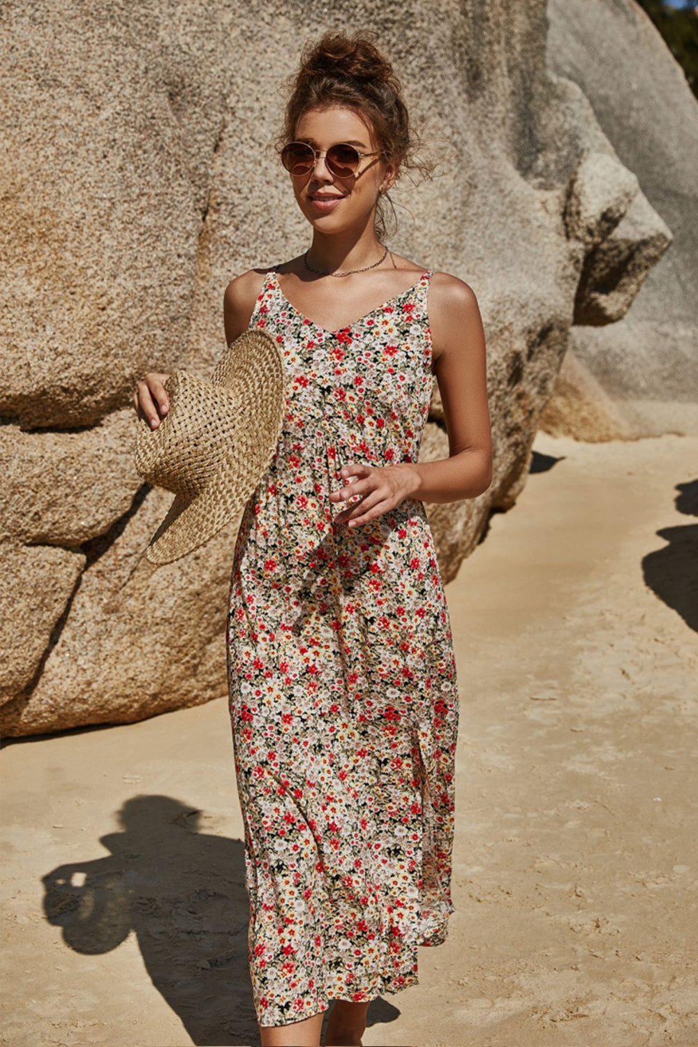 Irregular Slit Sling Floral Dress - Fashionpara