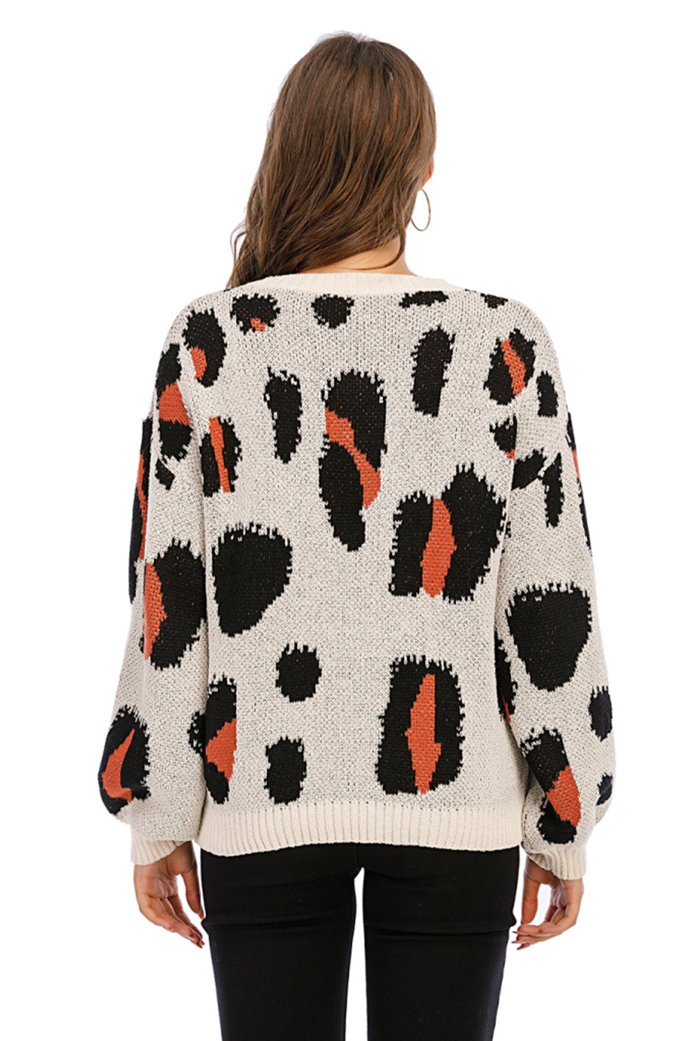 RadyRin Leopard Print Round Neck Pullover Sweater