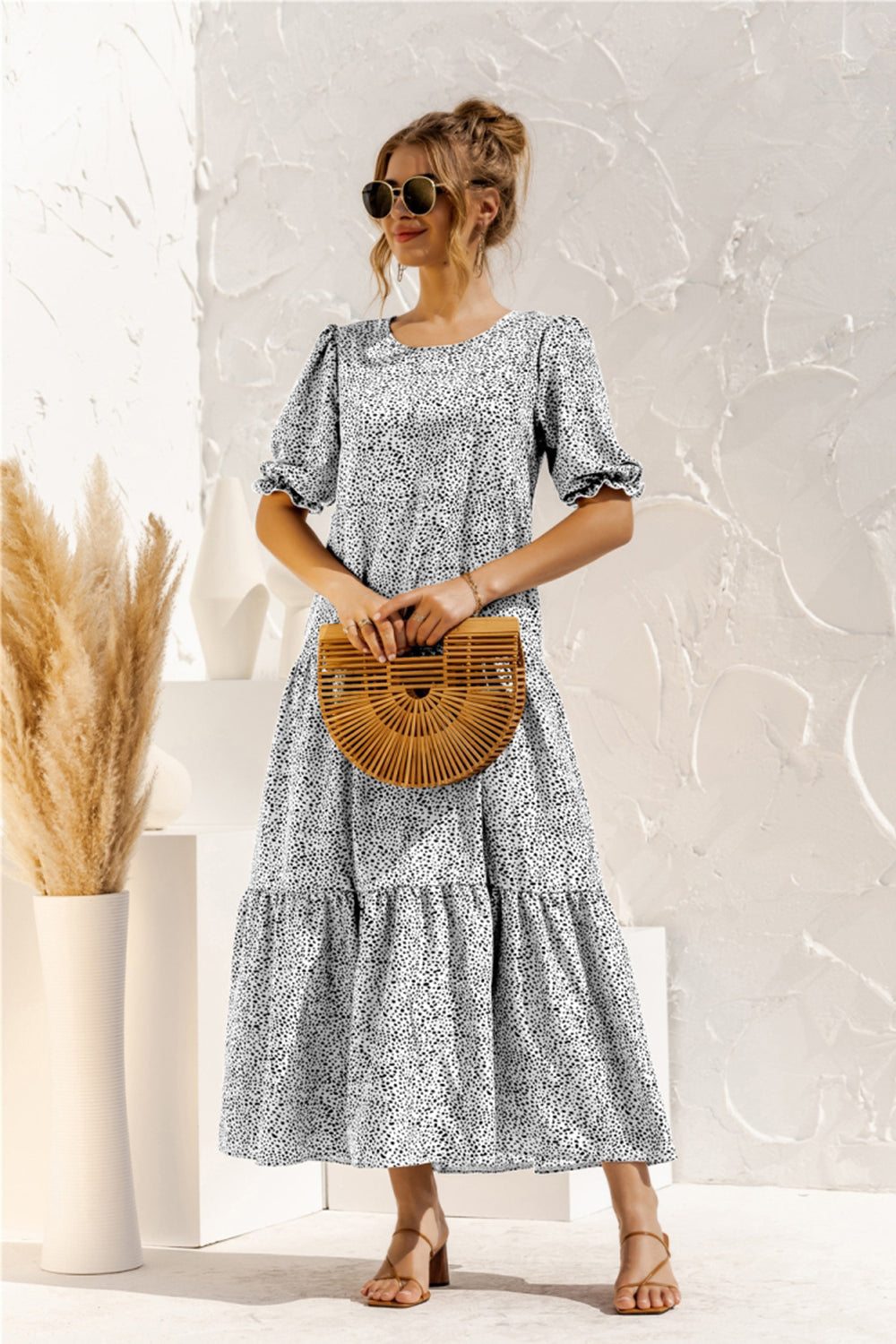 Puff Sleeve Polka Dot Plaid Patchwork Long Dress - Fashionpara