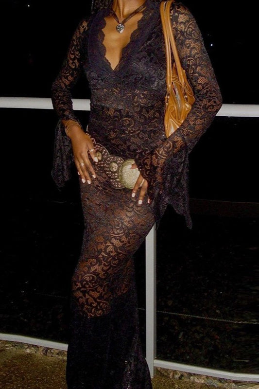 Sheer Lace V-Neck Long Bell Sleeve Maxi Dress