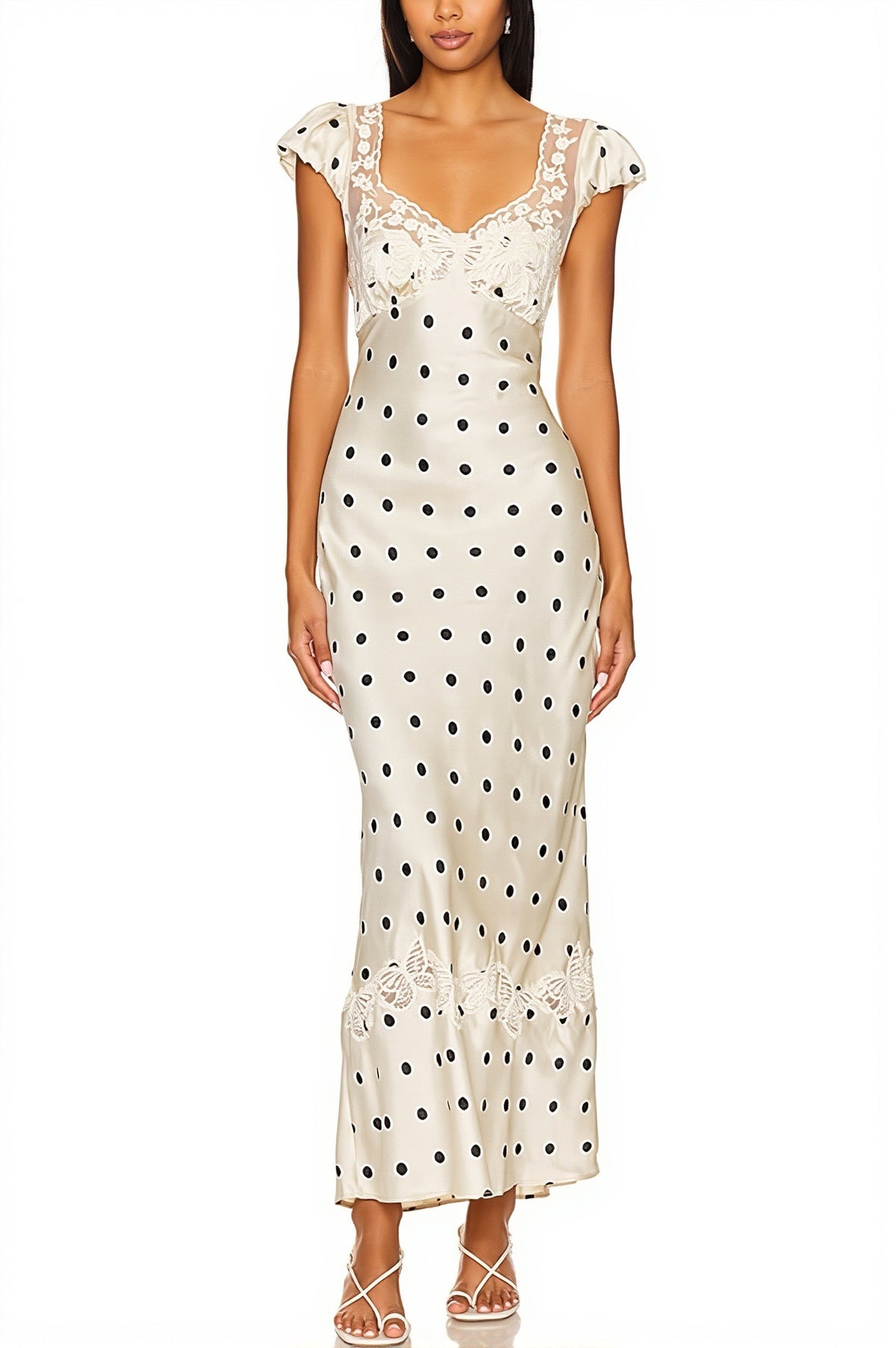 Polka Dot Lace Trim Cap Sleeve Satin Maxi Dress 5