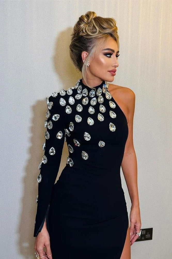 Crystal Embellished One-Shoulder Long Sleeve High-Slit Gown 4