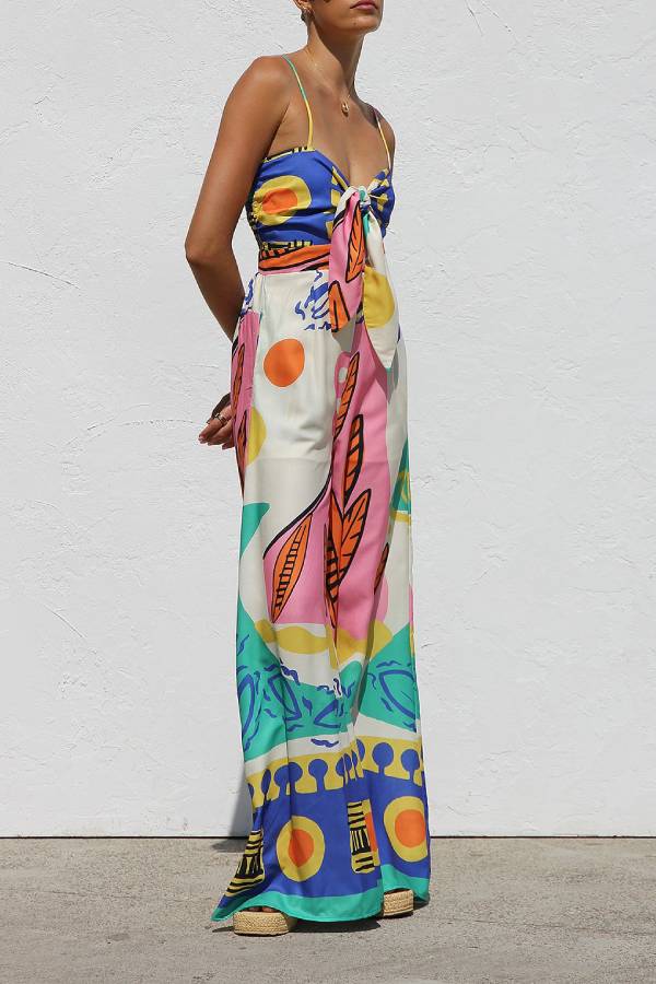 Unique Printed Back Pleated Suspenders Loose Pocket Wide-leg Jumpsuit - Fashionpara