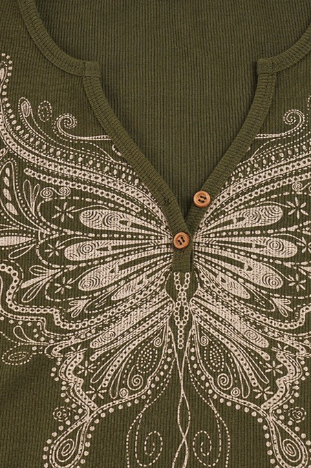 Butterfly Graphic Button Fitted T-Shirt