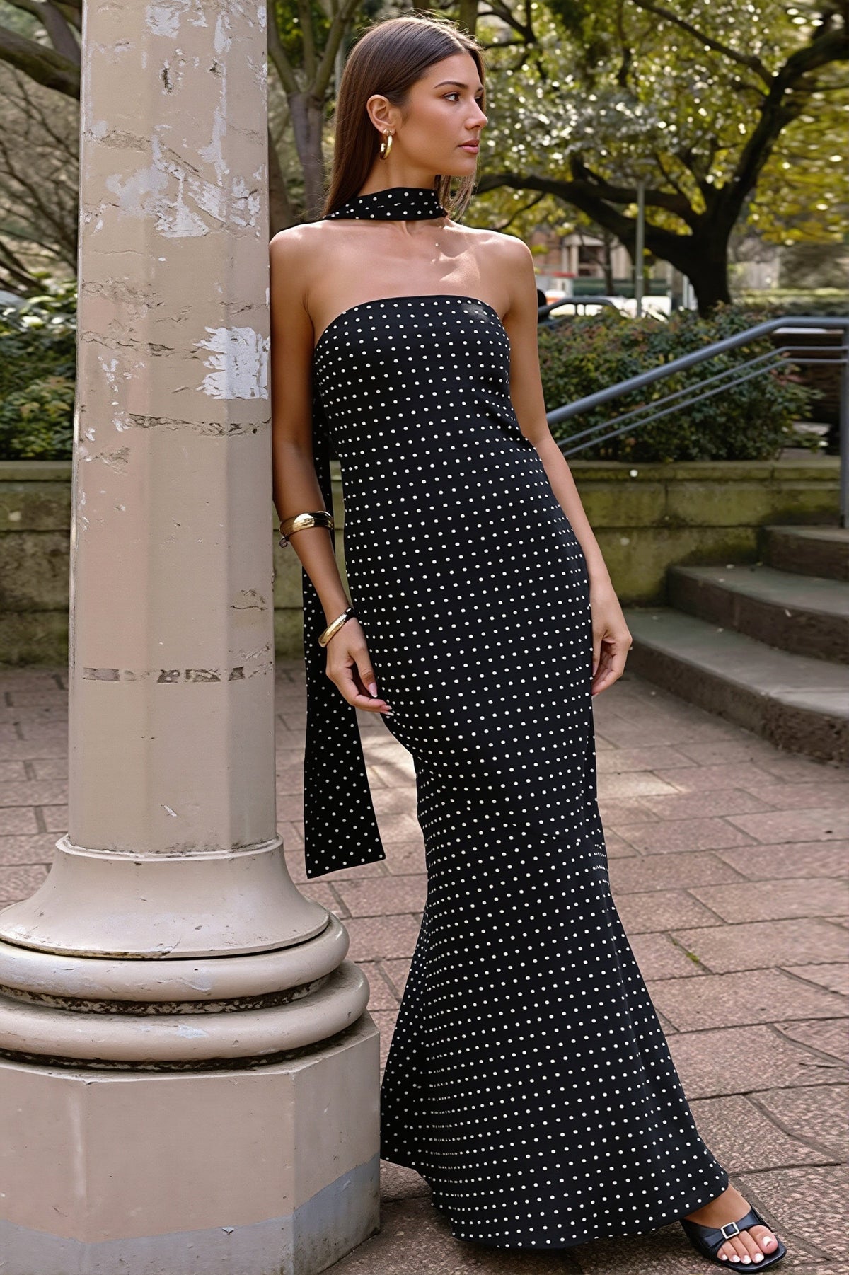 Polka Dot Strapless Scarf Neck Fishtail Maxi Dress