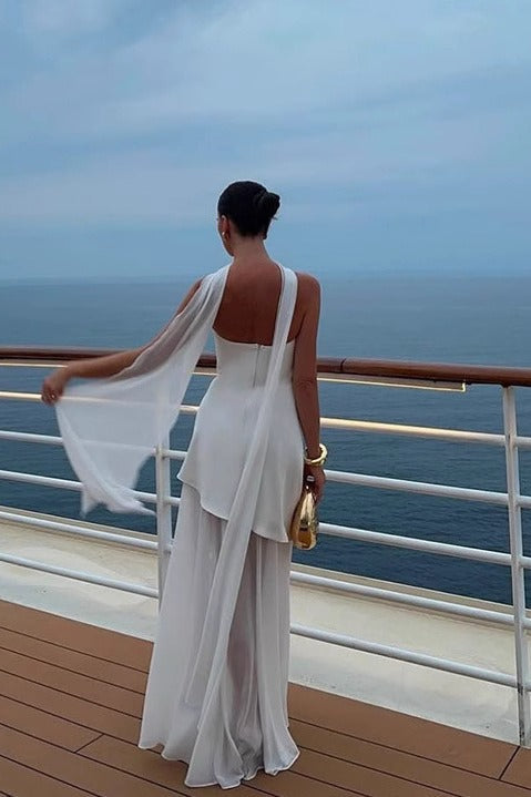 Sexy Strapless Asymmetrical Mesh Split Scarf Formal Dress