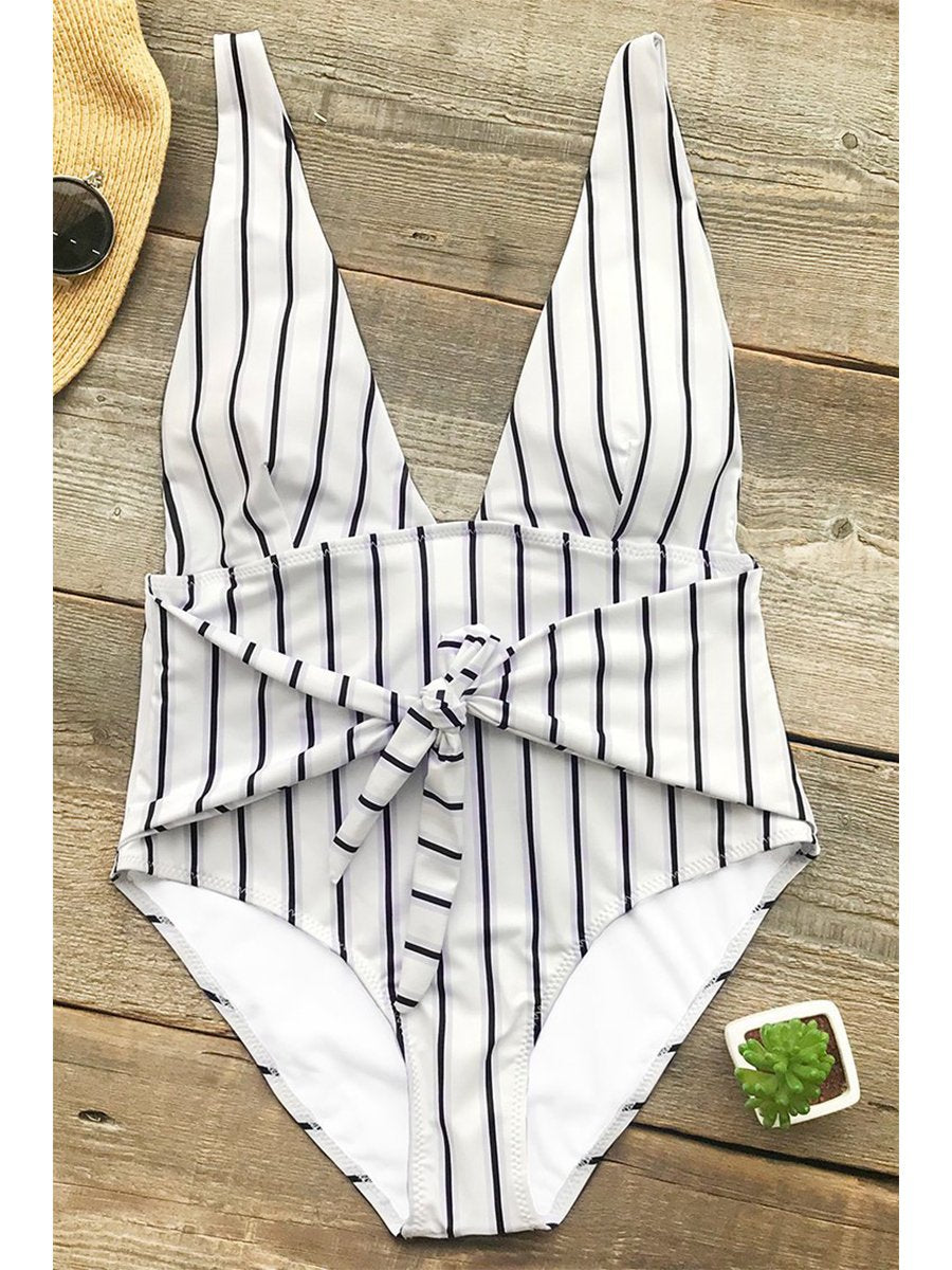 Striped Print On-piece Swimsuit - Fashionpara