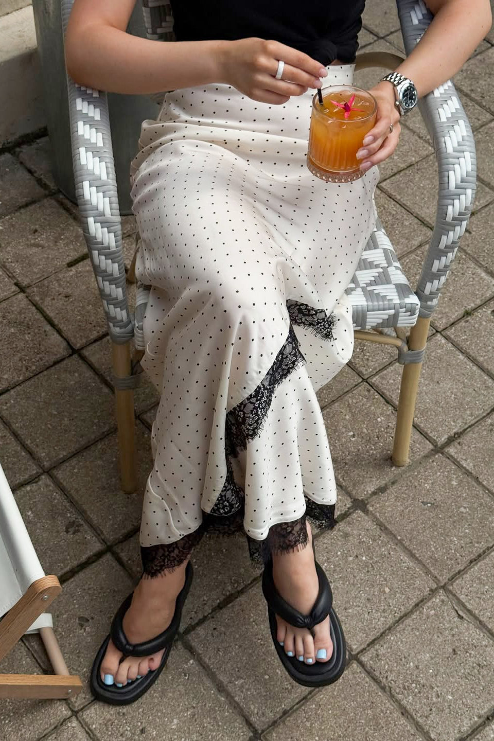 Polka Dot Lace-Panel Maxi Skirt