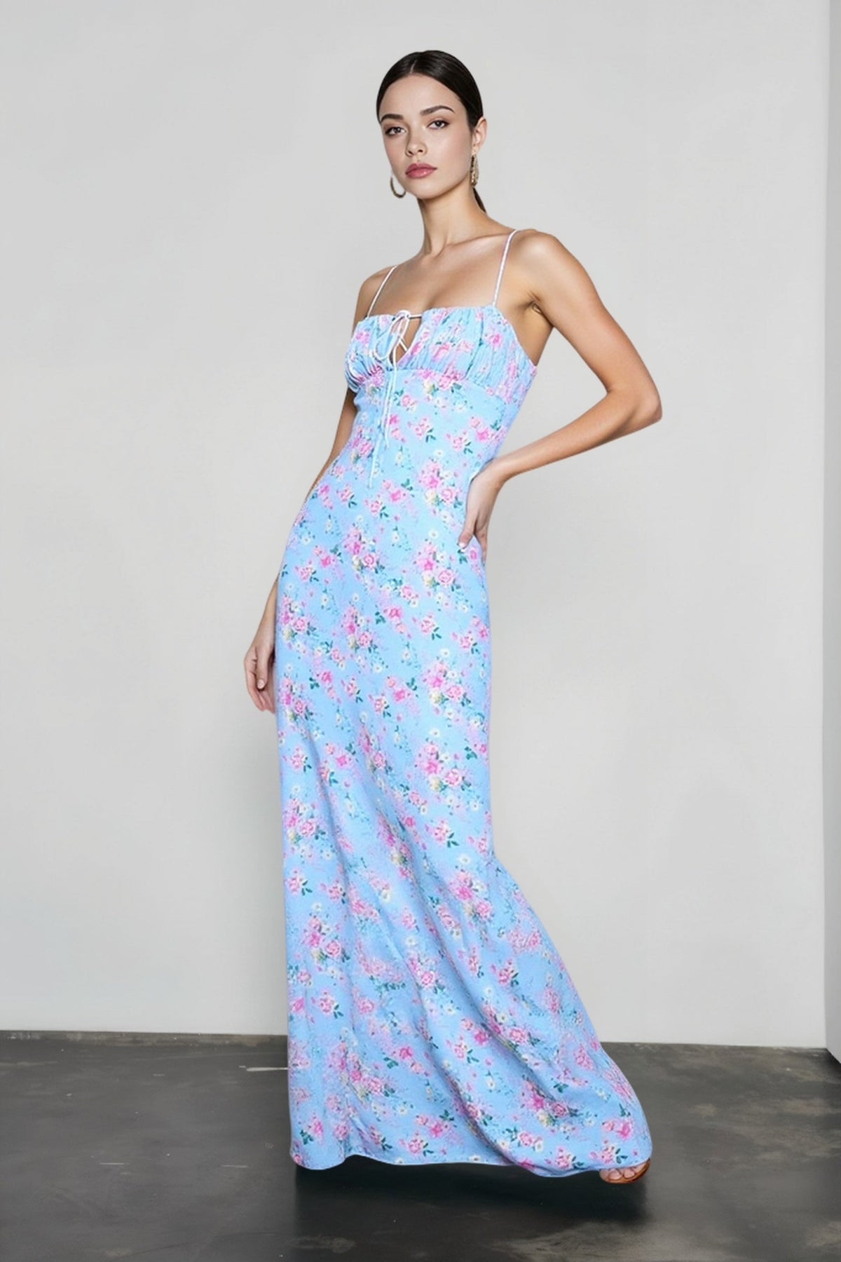 Backless Ruched Bodycon Floral Maxi Dress