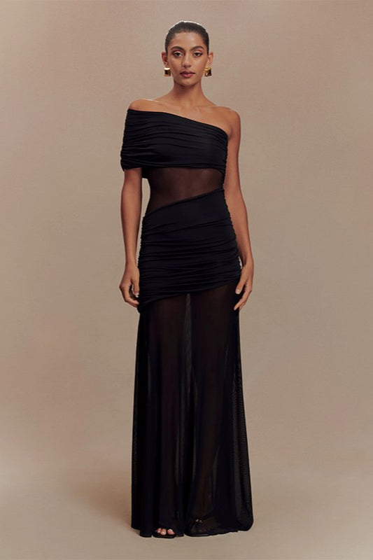One Shoulder Ruched Sheer Mesh Maxi Gown