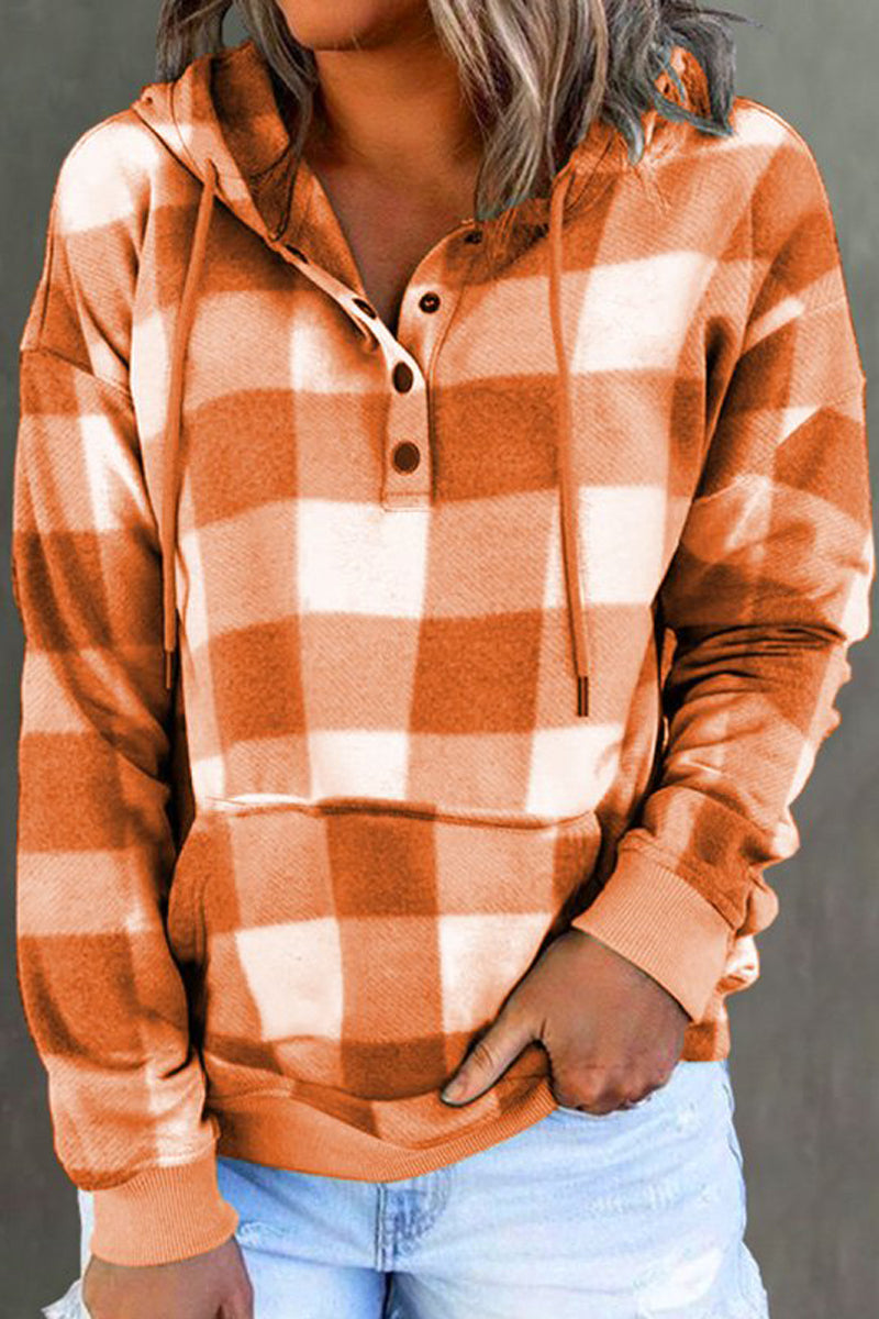Retro Style Plaid Button Drawstring Hoodie Fashionpara