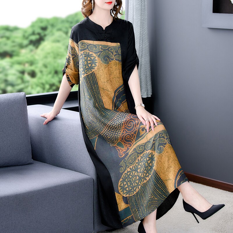 Patchwork Print Mandarin Collar Three-Quarter A-Line Midi Dress