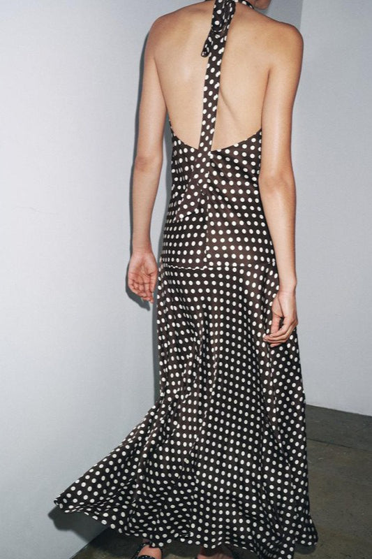 Polka Dot Halter Neck Plunge Backless Maxi Dress