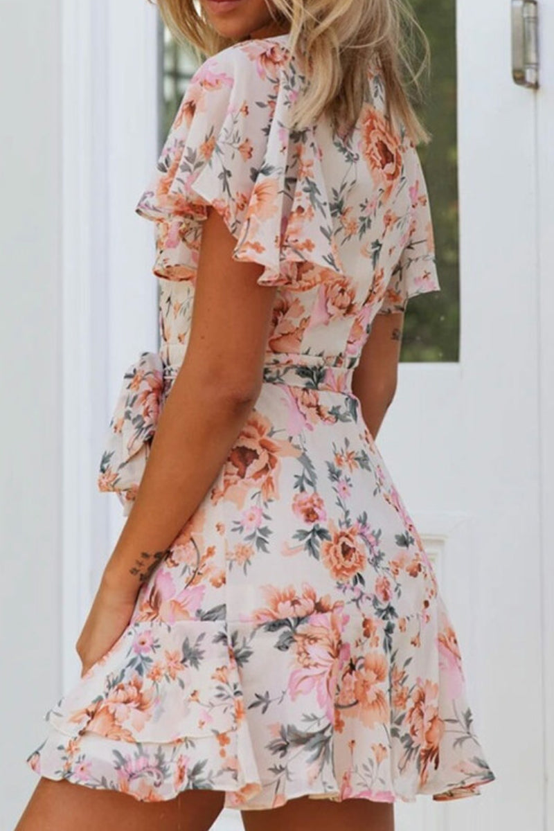 Swingy Ruffle Sleeve Floral Printed Beach Mini Wrap Dress