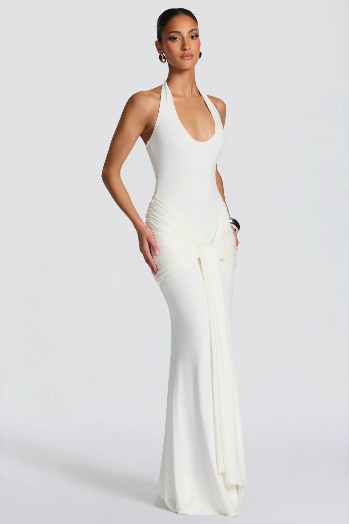 Halter Scoop-Neck Knot-Drape Jersey Fishtail Gown