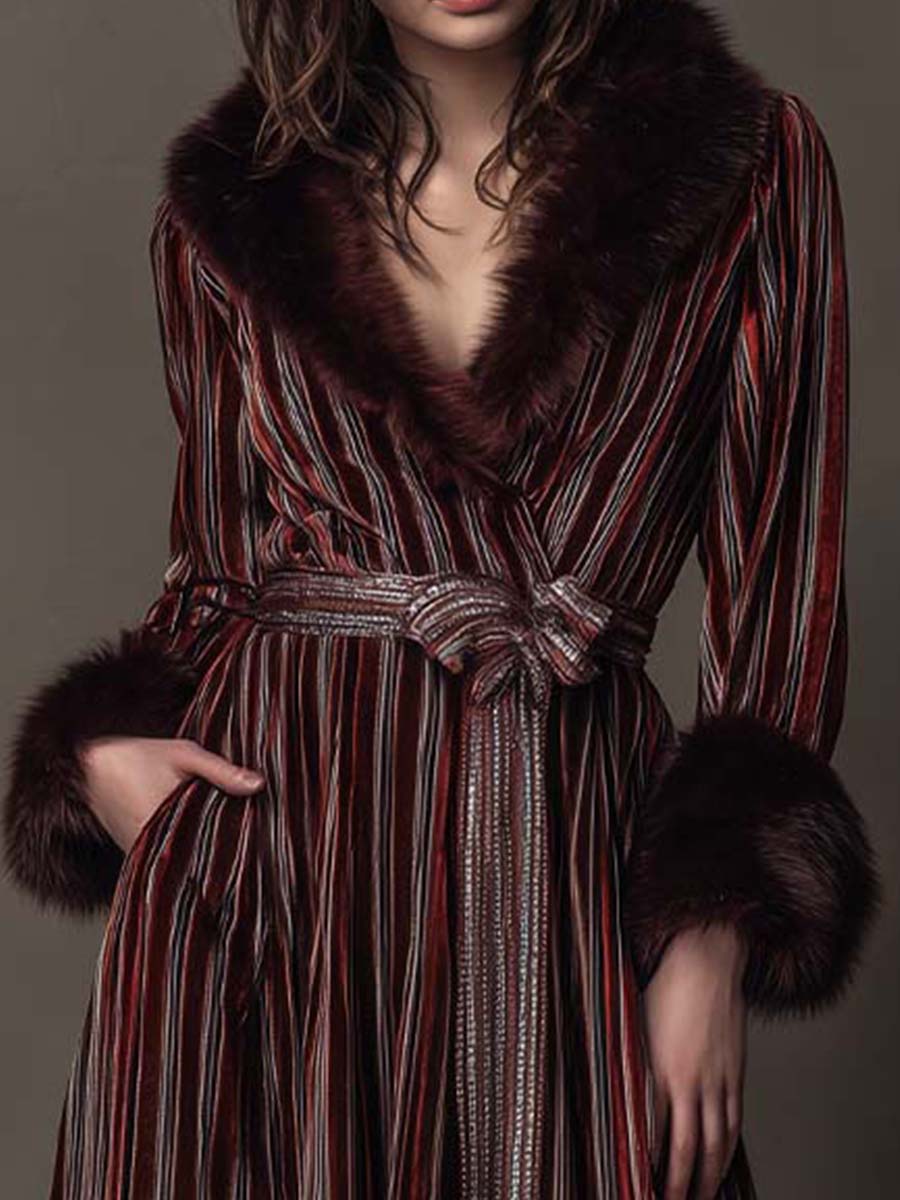 Vintage Striped Velvet Coat With Faux Fur Trim - Fashionpara